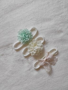 Set Of 3 Newborn Headband Set | Mint Ivory Blush Pink Bow Flowers